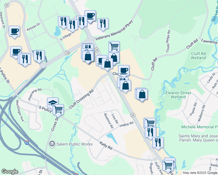 map of restaurants, bars, coffee shops, grocery stores, and more near 4 Brook Road in Salem