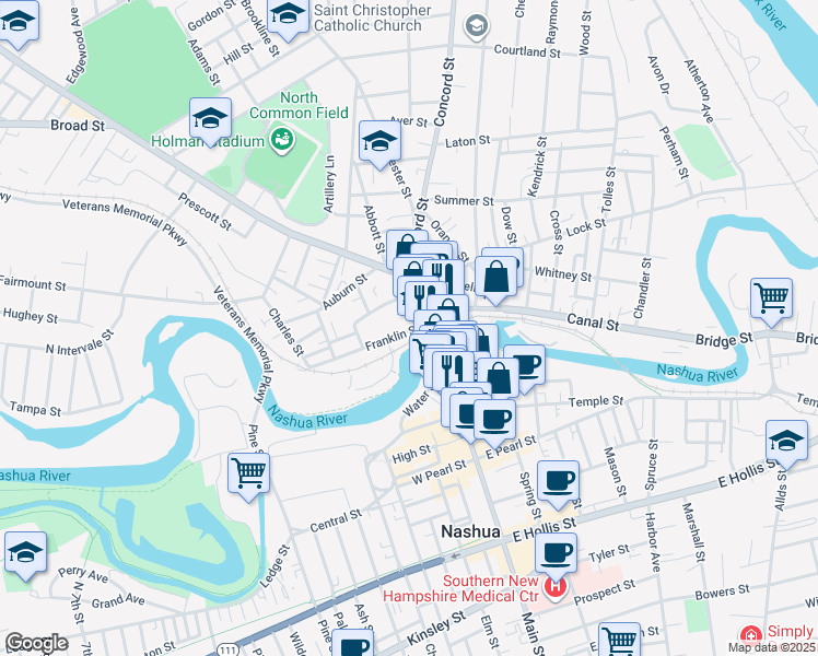 map of restaurants, bars, coffee shops, grocery stores, and more near 18 Franklin Street in Nashua