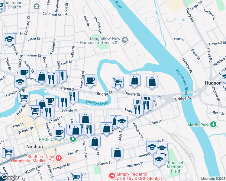 map of restaurants, bars, coffee shops, grocery stores, and more near 5 Amory Street in Nashua