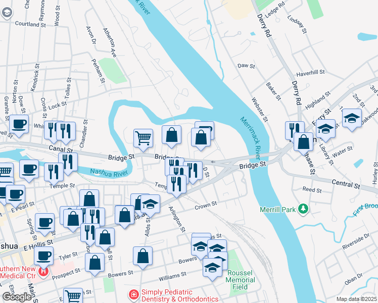 map of restaurants, bars, coffee shops, grocery stores, and more near 9 Sanders Street in Nashua