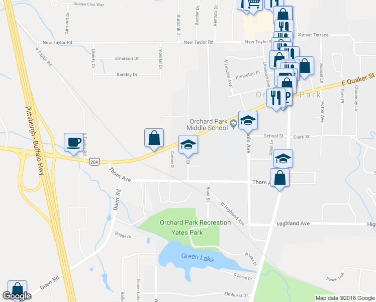 map of restaurants, bars, coffee shops, grocery stores, and more near 39 South Davis Street in Orchard Park