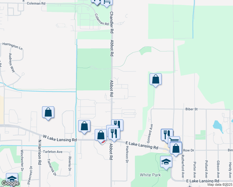 map of restaurants, bars, coffee shops, grocery stores, and more near 6300 Abbot Road in East Lansing