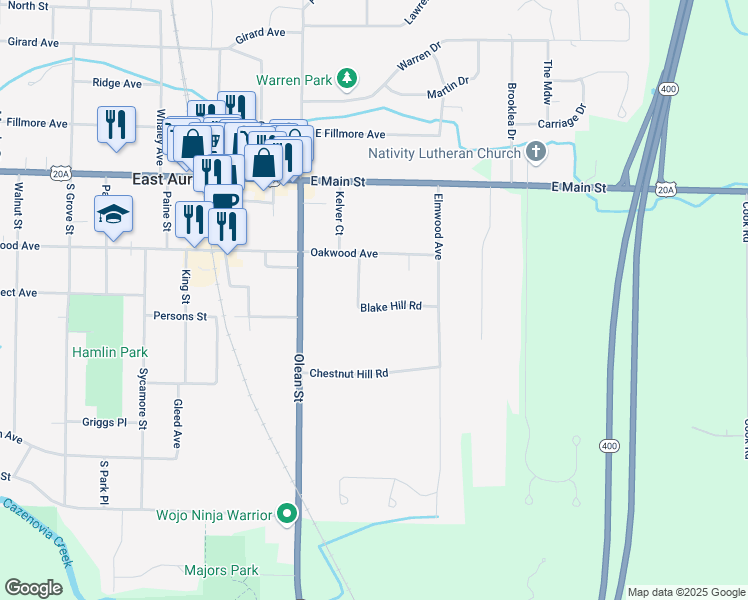 map of restaurants, bars, coffee shops, grocery stores, and more near 154 Blake Hill Road in East Aurora