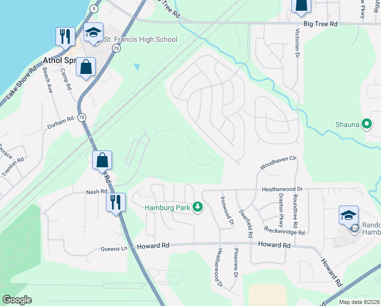 map of restaurants, bars, coffee shops, grocery stores, and more near 4543A Camp Road in Hamburg