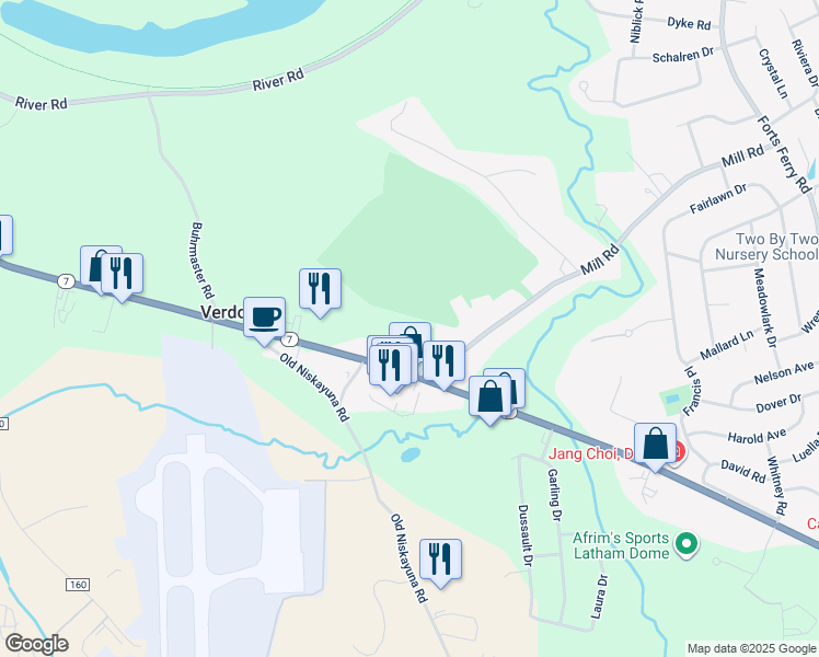 map of restaurants, bars, coffee shops, grocery stores, and more near 2 Mill Road in Latham