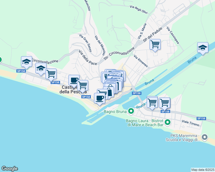 map of restaurants, bars, coffee shops, grocery stores, and more near 8 Via Ospedale in Castiglione della Pescaia