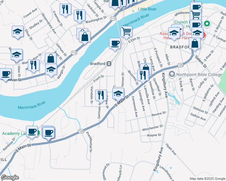 map of restaurants, bars, coffee shops, grocery stores, and more near 32 Laurel Avenue in Haverhill