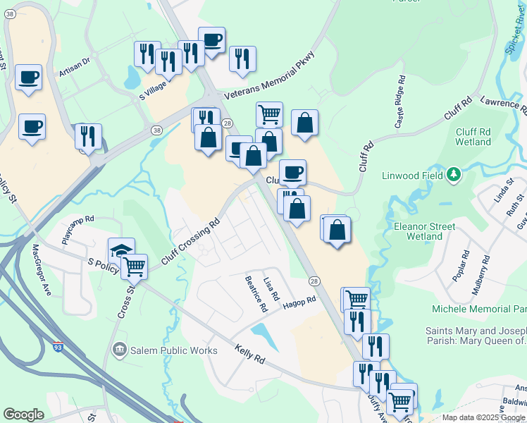map of restaurants, bars, coffee shops, grocery stores, and more near 9 Tiffany Road in Salem