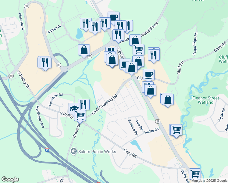map of restaurants, bars, coffee shops, grocery stores, and more near 103 Cluff Crossing Road in Salem