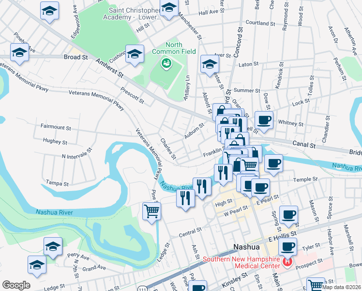 map of restaurants, bars, coffee shops, grocery stores, and more near 5A Charles Street in Nashua