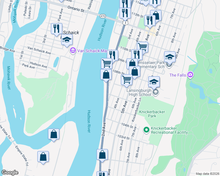 map of restaurants, bars, coffee shops, grocery stores, and more near in Troy