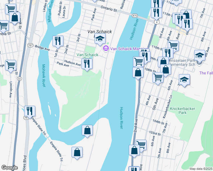 map of restaurants, bars, coffee shops, grocery stores, and more near 6000 Admiral's Walk Drive in Cohoes