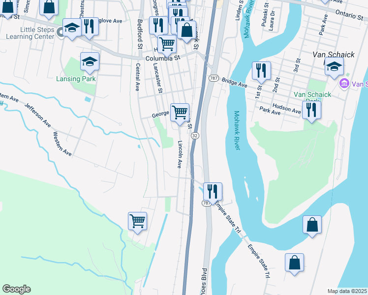 map of restaurants, bars, coffee shops, grocery stores, and more near 18 Lincoln Avenue in Cohoes