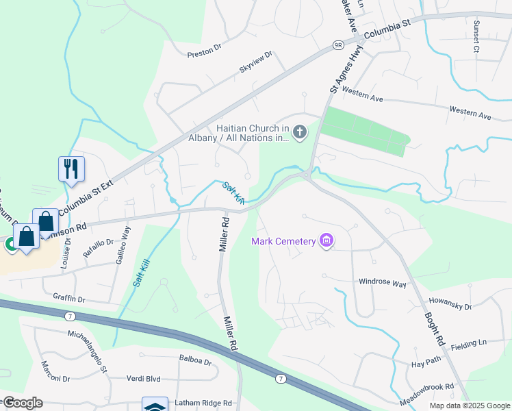map of restaurants, bars, coffee shops, grocery stores, and more near 1 Vermont View Drive in Latham