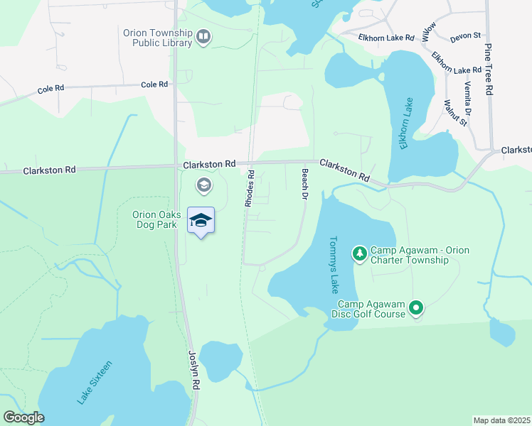 map of restaurants, bars, coffee shops, grocery stores, and more near 1153 Rhodes Road in Orion charter Township
