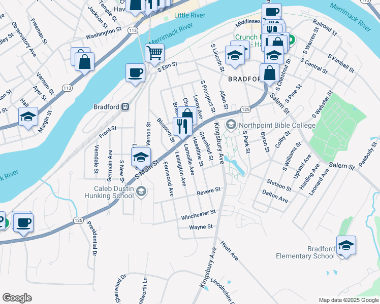 map of restaurants, bars, coffee shops, grocery stores, and more near 18 Lamoille Avenue in Haverhill