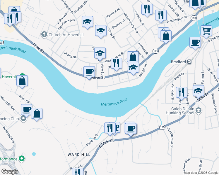 map of restaurants, bars, coffee shops, grocery stores, and more near 96 Margin Street in Haverhill