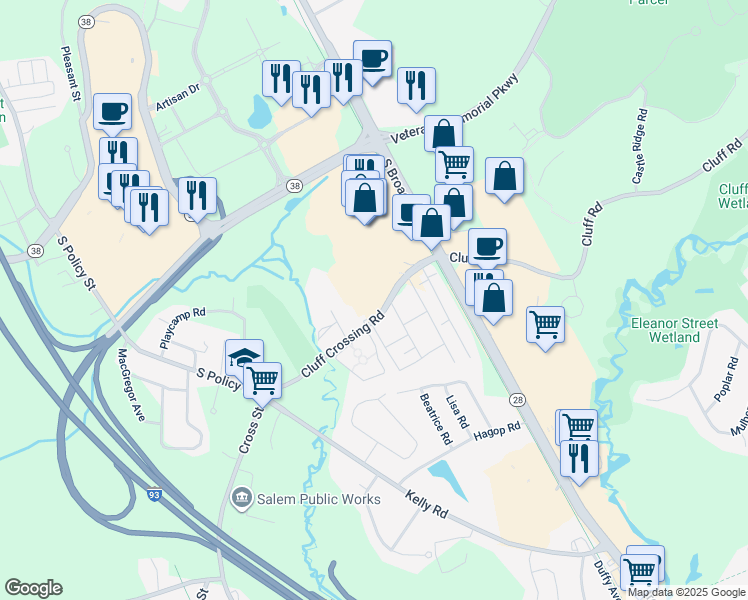 map of restaurants, bars, coffee shops, grocery stores, and more near 103 Cluff Crossing Road in Salem