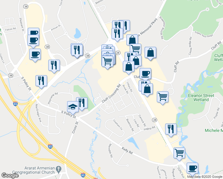 map of restaurants, bars, coffee shops, grocery stores, and more near 1 Lancelot Court in Salem