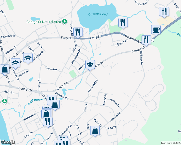 map of restaurants, bars, coffee shops, grocery stores, and more near 1 Memorial Drive in Hudson