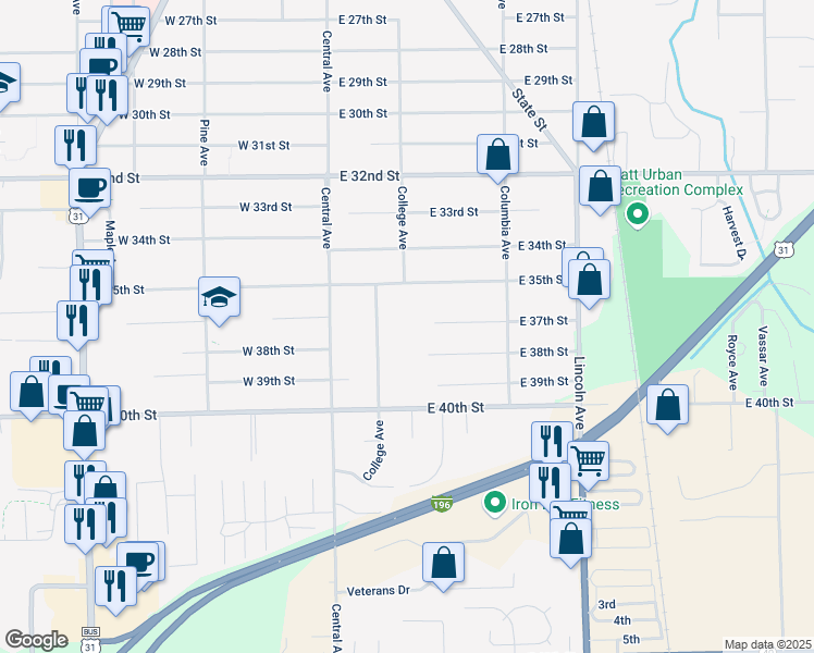 map of restaurants, bars, coffee shops, grocery stores, and more near 987 College Avenue in Holland