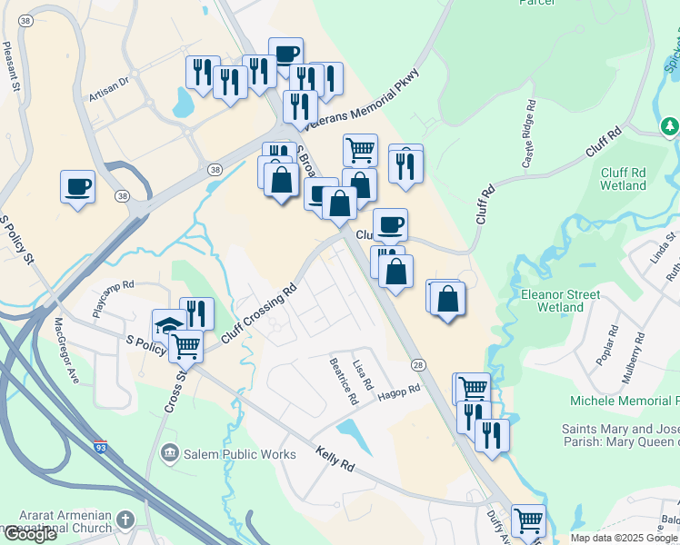 map of restaurants, bars, coffee shops, grocery stores, and more near 4 Brook Road in Salem