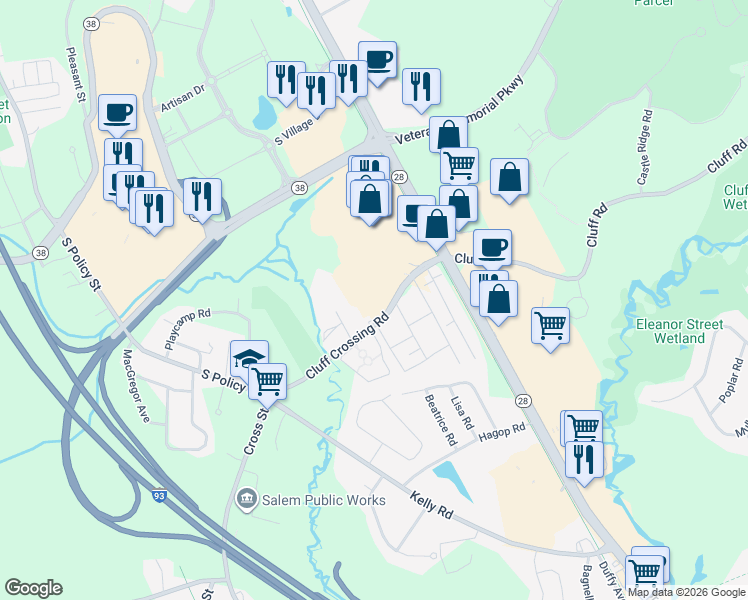 map of restaurants, bars, coffee shops, grocery stores, and more near 103 Cluff Crossing Road in Salem