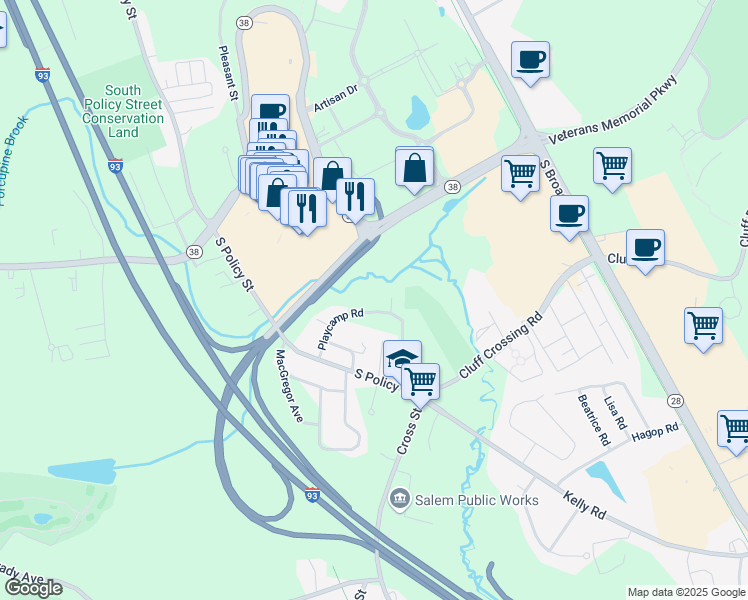 map of restaurants, bars, coffee shops, grocery stores, and more near 10 Playcamp Road in Salem