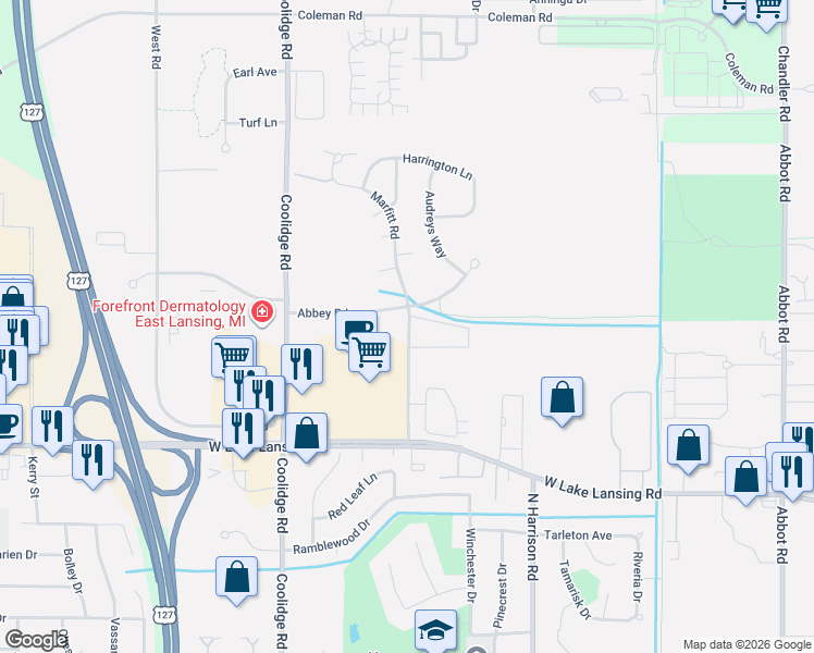 map of restaurants, bars, coffee shops, grocery stores, and more near 2610 Marfitt Road in East Lansing