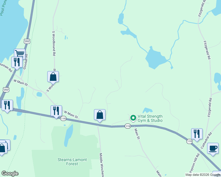 map of restaurants, bars, coffee shops, grocery stores, and more near 51 Butternut Lane in Rindge