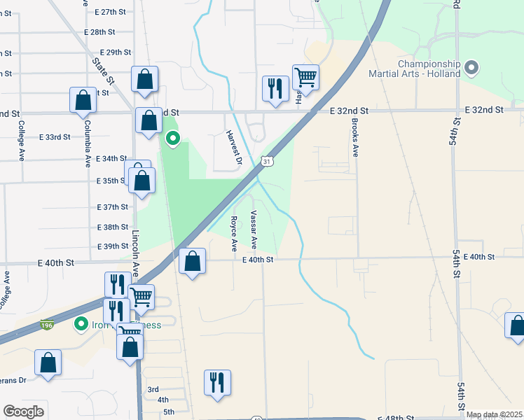 map of restaurants, bars, coffee shops, grocery stores, and more near 943 Vassar Avenue in Holland