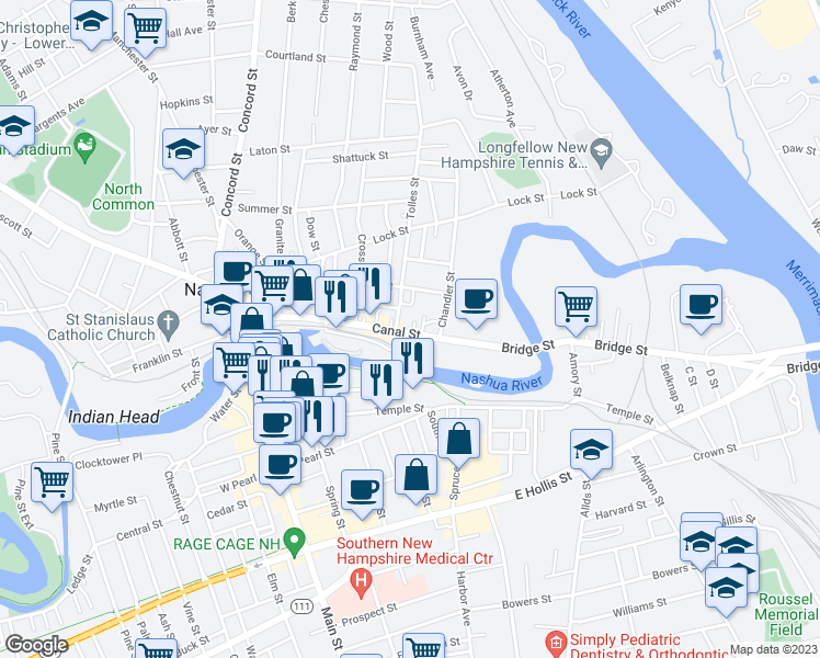 map of restaurants, bars, coffee shops, grocery stores, and more near 58 Canal Street in Nashua