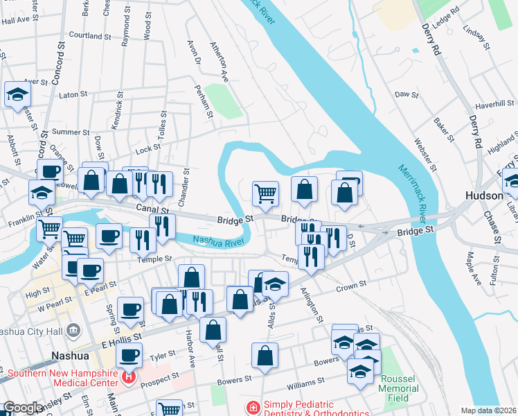 map of restaurants, bars, coffee shops, grocery stores, and more near 5 Amory Street in Nashua