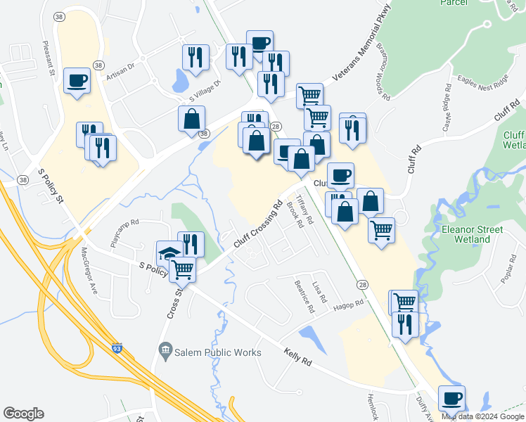 map of restaurants, bars, coffee shops, grocery stores, and more near Lancelot Court in Salem