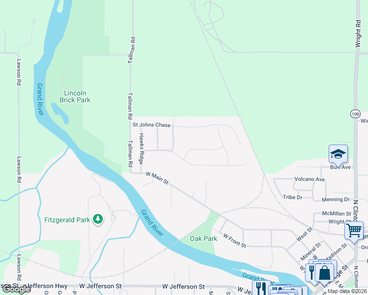 map of restaurants, bars, coffee shops, grocery stores, and more near 985 Saint Johns Chase in Grand Ledge