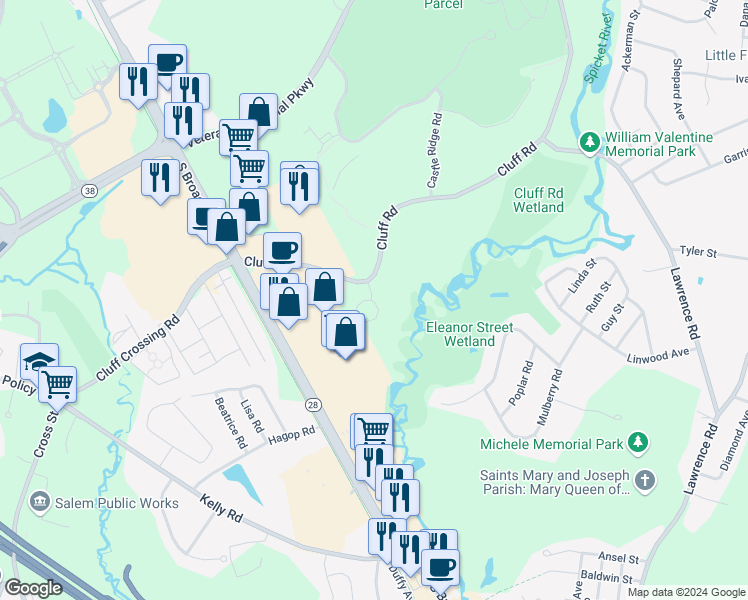 map of restaurants, bars, coffee shops, grocery stores, and more near 59 Cluff Road in Salem