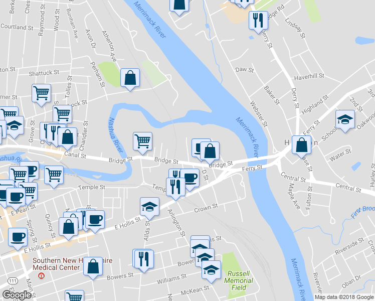 map of restaurants, bars, coffee shops, grocery stores, and more near 10 Sanders Street in Nashua