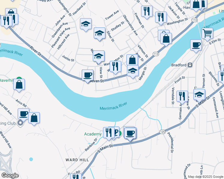 map of restaurants, bars, coffee shops, grocery stores, and more near 472 River Street in Haverhill