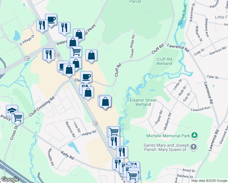 map of restaurants, bars, coffee shops, grocery stores, and more near 59 Cluff Road in Salem
