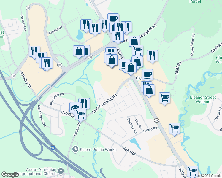 map of restaurants, bars, coffee shops, grocery stores, and more near 11 Lancelot Court in Salem
