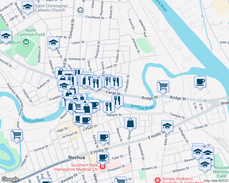 map of restaurants, bars, coffee shops, grocery stores, and more near 23 Tolles Street in Nashua