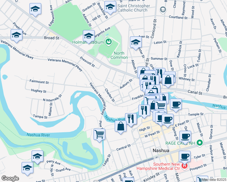 map of restaurants, bars, coffee shops, grocery stores, and more near 4 Highland Street in Nashua