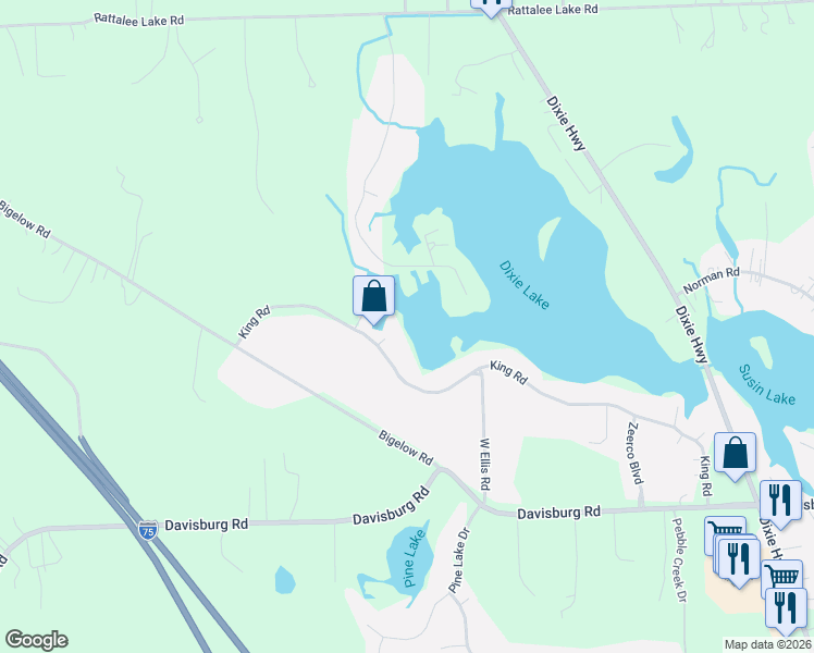 map of restaurants, bars, coffee shops, grocery stores, and more near 10520 King Road in Oakland County