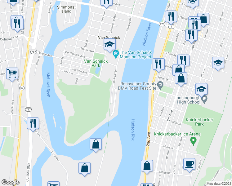 map of restaurants, bars, coffee shops, grocery stores, and more near 2102 Admiral's Walk Drive in Cohoes
