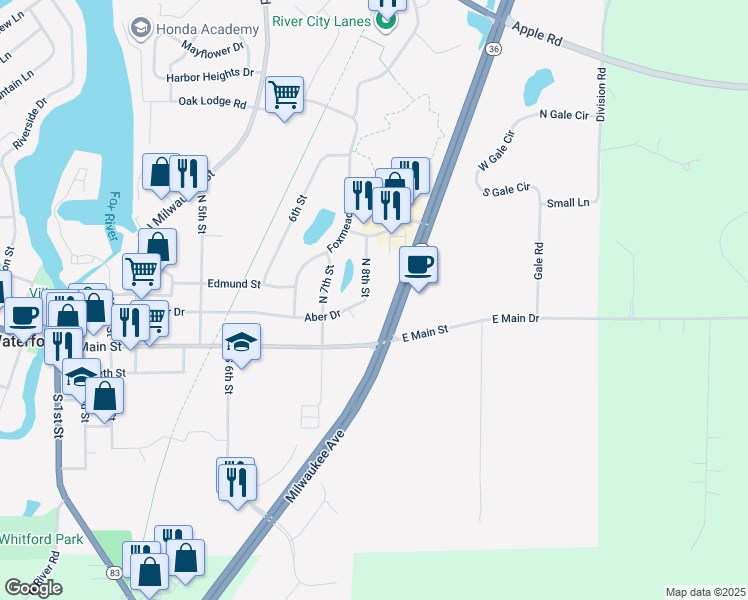 map of restaurants, bars, coffee shops, grocery stores, and more near 211 North 8th Street in Waterford