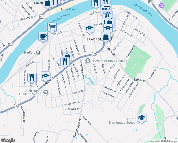 map of restaurants, bars, coffee shops, grocery stores, and more near 320 South Park Street in Haverhill