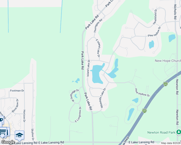 map of restaurants, bars, coffee shops, grocery stores, and more near 6350 Island Lake Drive in East Lansing
