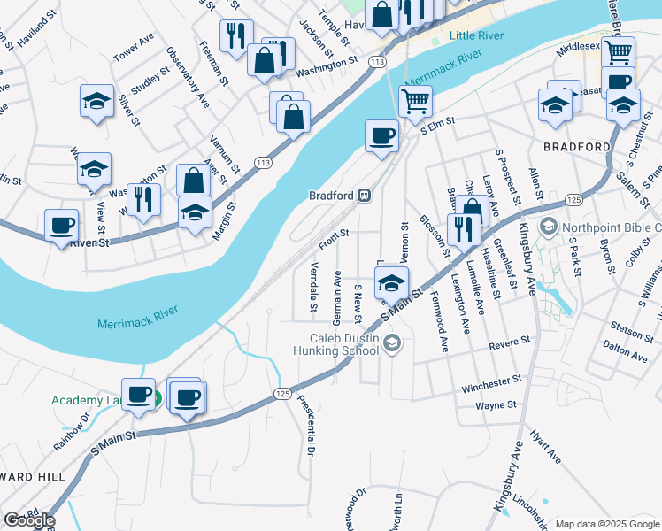 map of restaurants, bars, coffee shops, grocery stores, and more near 5 Germain Avenue in Haverhill
