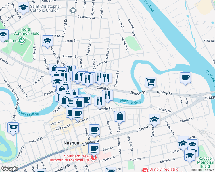 map of restaurants, bars, coffee shops, grocery stores, and more near 23 Tolles Street in Nashua
