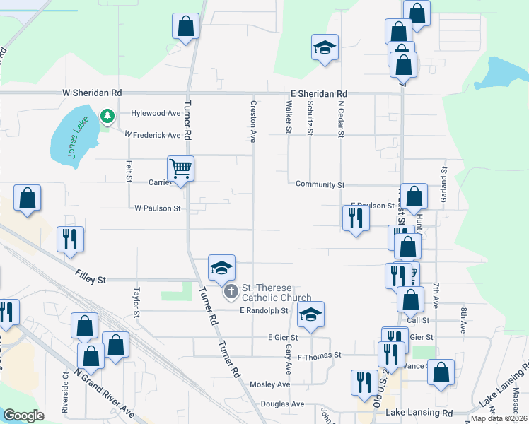 map of restaurants, bars, coffee shops, grocery stores, and more near 3112 Creston Avenue in Lansing
